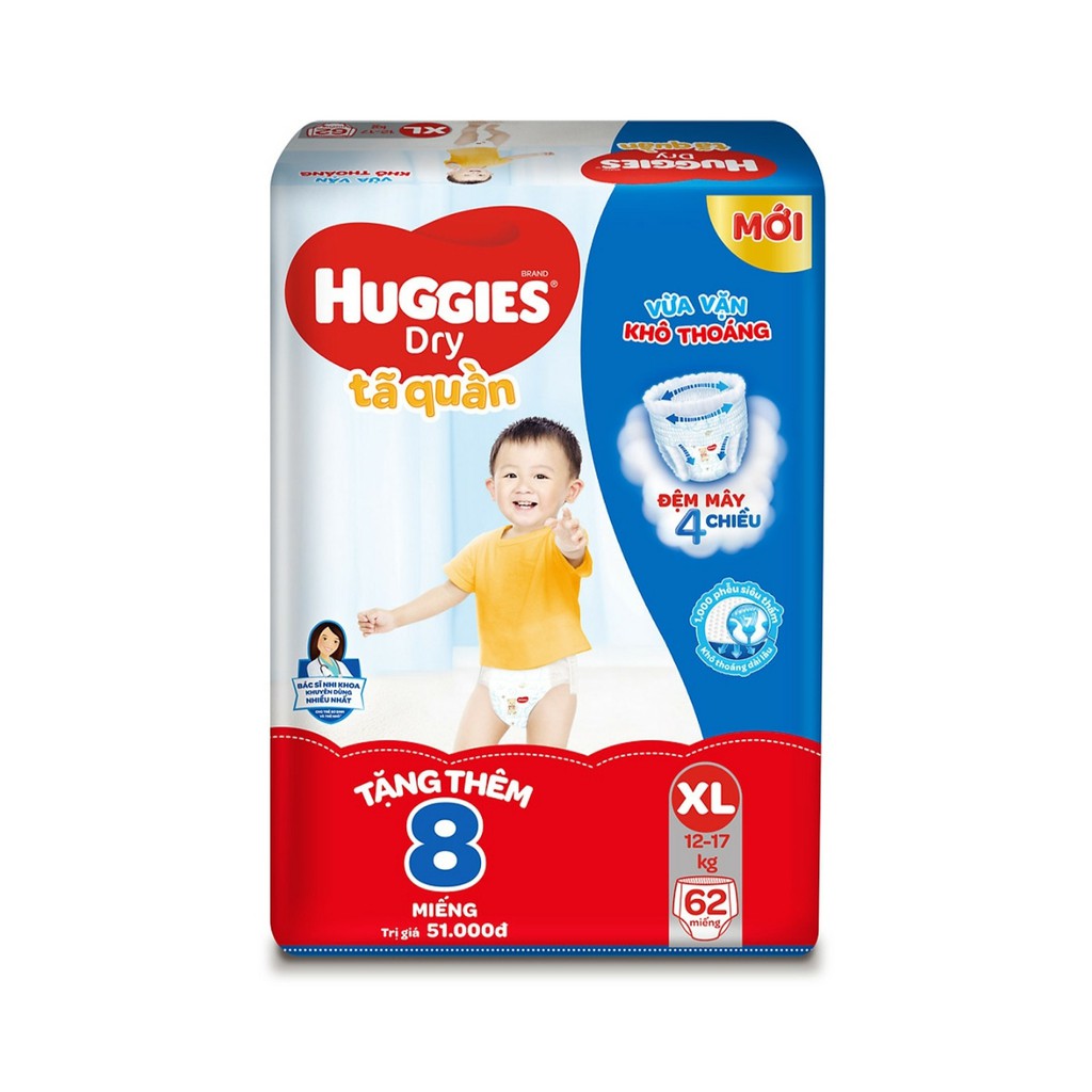 [Tặng thêm 8 miếng] Tã/Bỉm Quần Huggies M74+8/L68+8/XL62+8 mẫu đệm mây