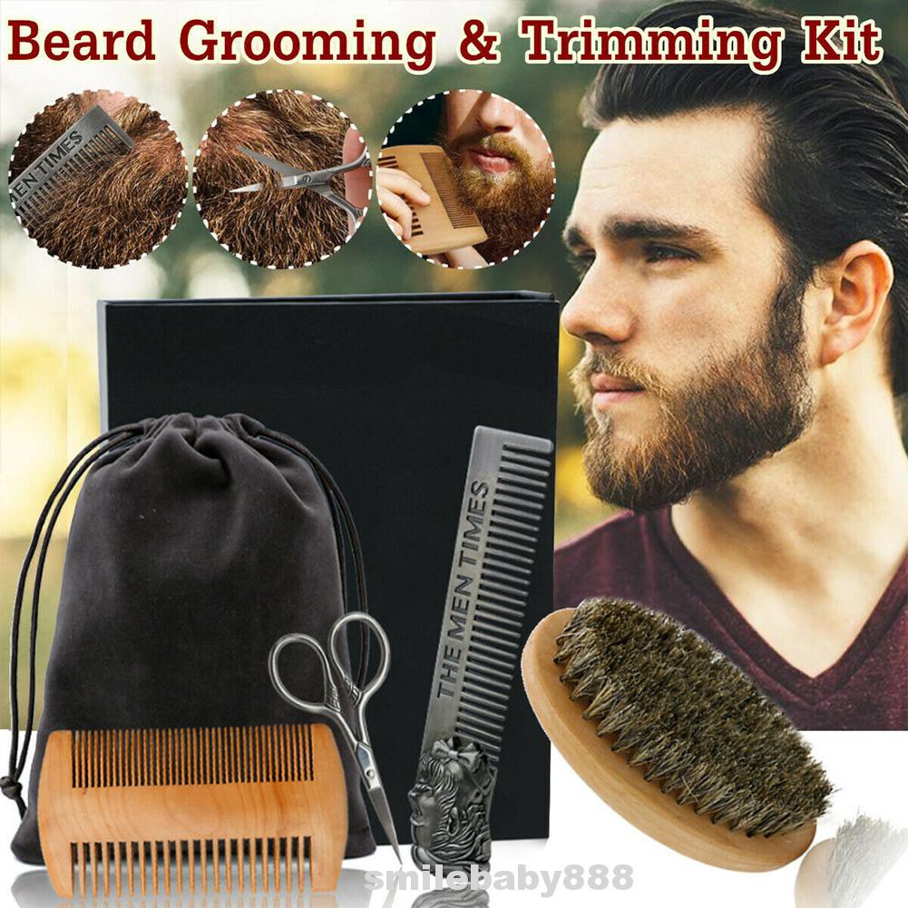 4pcs Goatee Barber Shop With Bag Grooming Facial Salon Manual Tool Shaving Scissor Mustache Styling Beard Trimming Kit