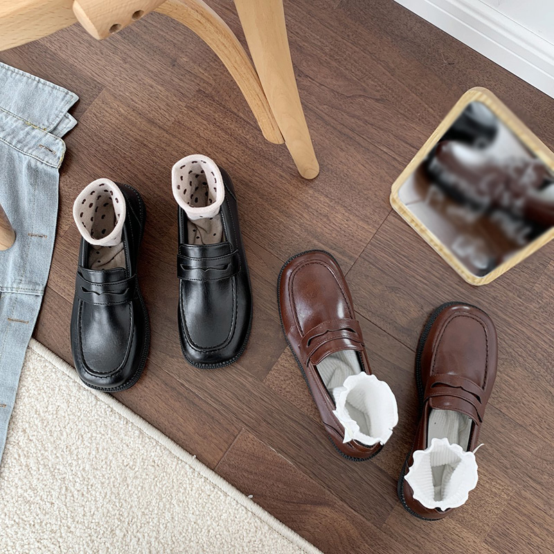 Giày lười đế phẳng bằng da thời trang Nhật Bản cho nữ