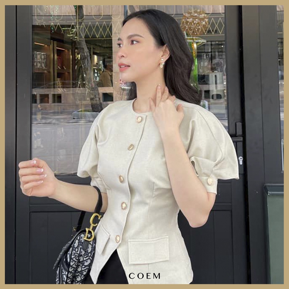 COEM | Áo Kiểu Nữ Công Sở Tay Phồng Cao Cấp Cách Điệu Màu Be Thiết Kế CO EM Chất Liệu Cotton Premiun Dày Dặn  Sang Trọng