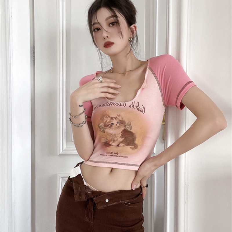 Áo Thun Croptop Tay Ngắn Dáng Ôm In Hình Mèo Dễ Thương