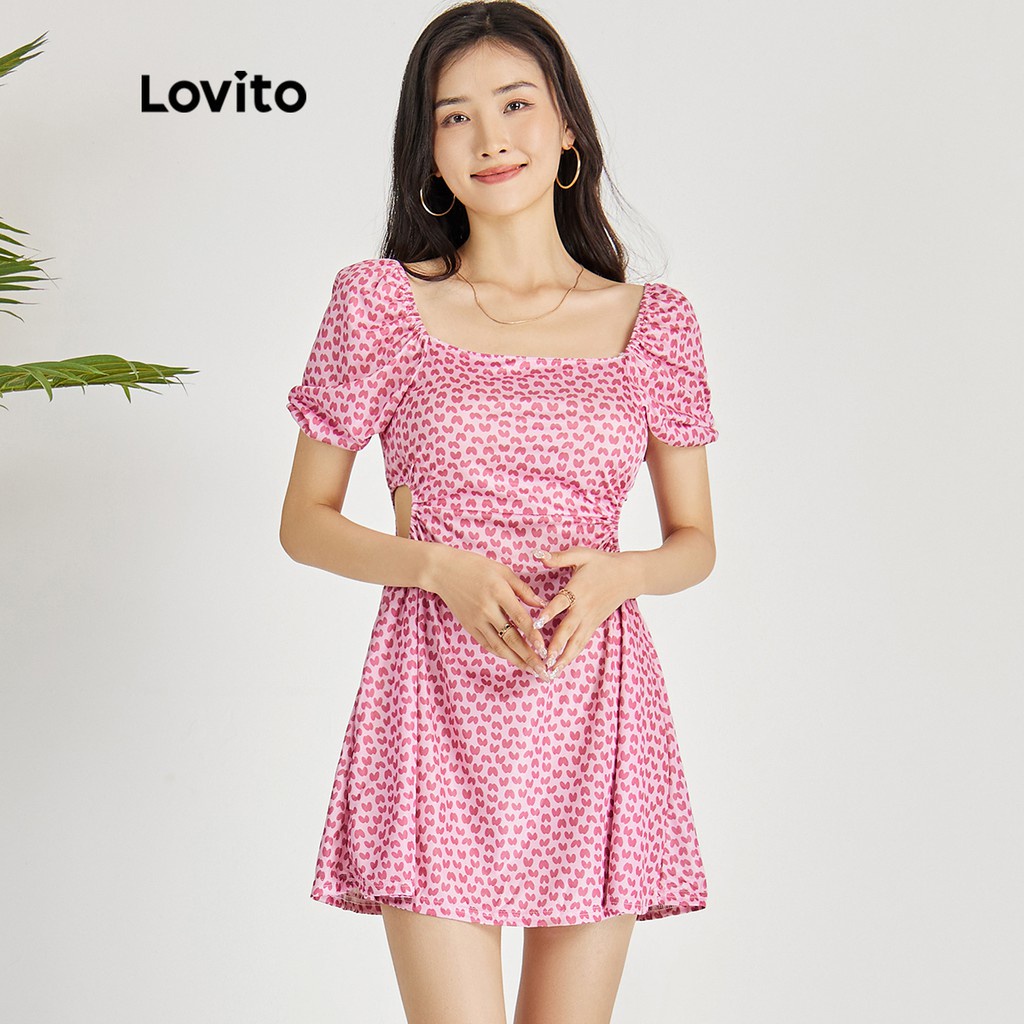 Đầm Lovito tay phồng in họa tiết hoa phong cách thường ngày L15X077 (Màu hồng)