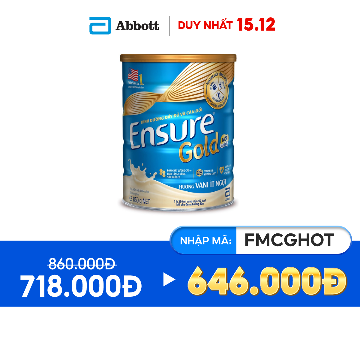 Sữa bột Ensure Gold Abbott ít ngọt (HMB) 850g