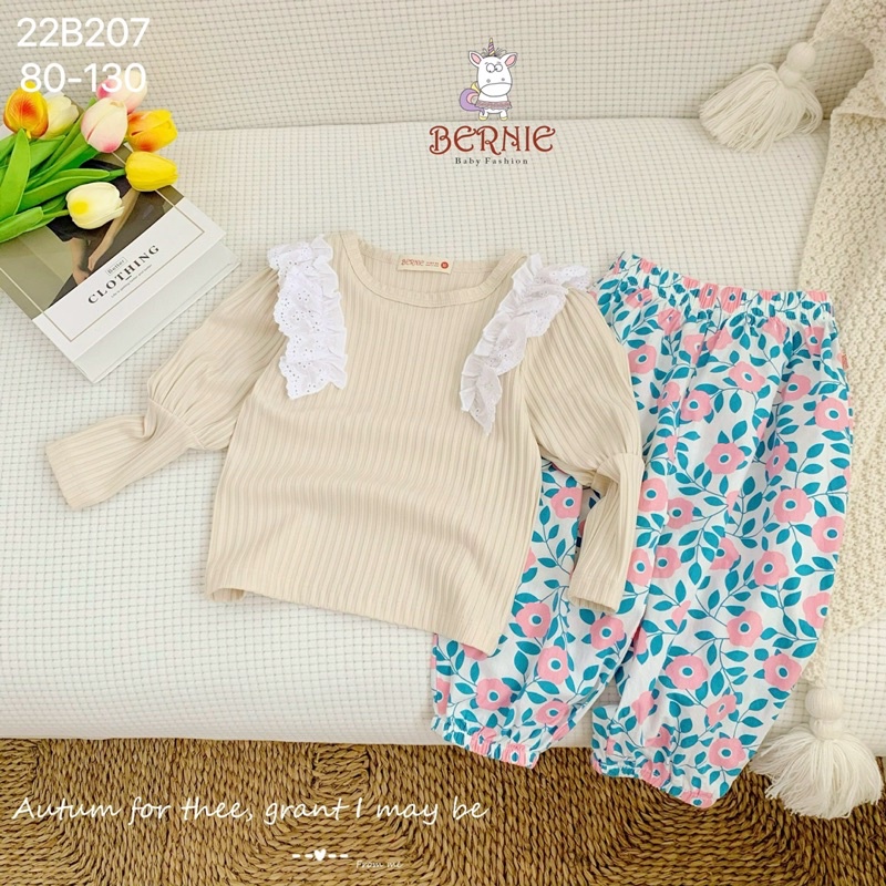 Bộ bé gái Bernie tay bồng phối ren chất cotton cho bé từ 9-22kg-22B207