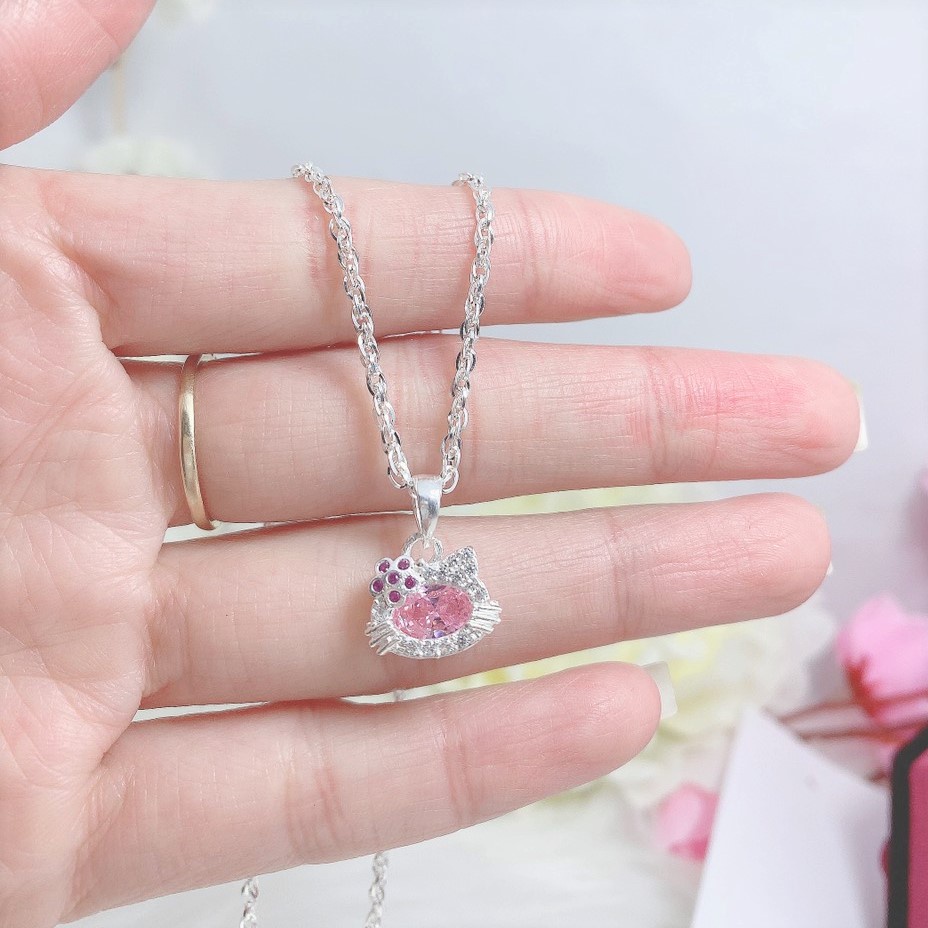 Dây chuyền bé gái mặt hình mèo đính đá, chất liệu bạc ta cao cấp - Trang sức bạc Evasilver