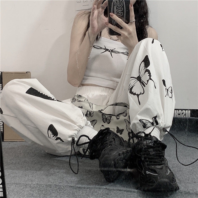 Happy-store ❤️ quần jogger nữ Bươm bướm In Họa trắng Tiết Hoạt Hình Cá Tính Phong Cách Hiphop