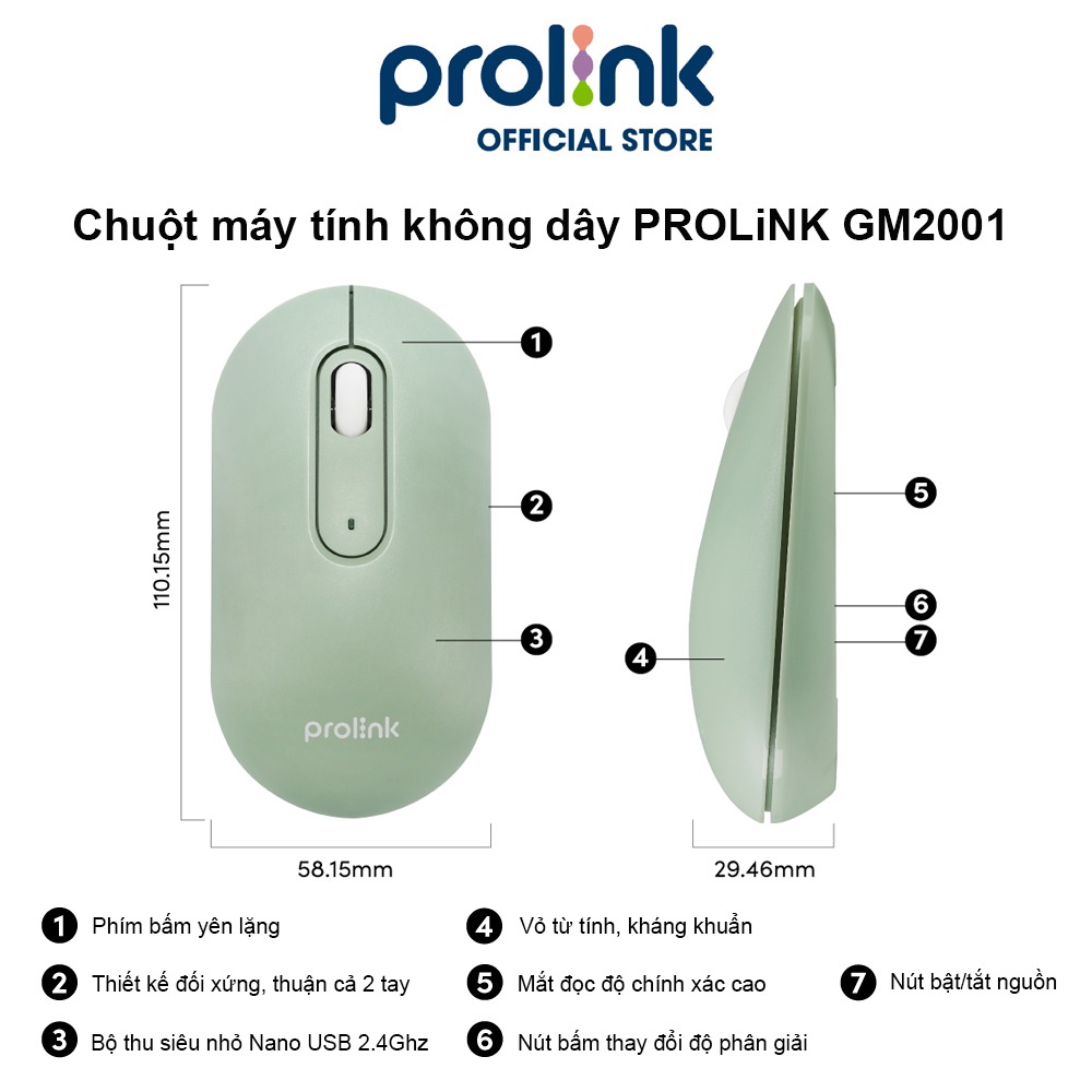 Chuột máy tính không dây PROLiNK GM2001 chống ồn, kháng khuẩn, độ nhạy cao, tiết kiệm pin dành cho PC, Laptop