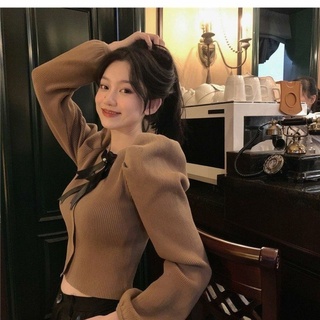 Áo len tay phồng cổ tròn đính nơ phong cách Pháp thời trang thu đông dành cho nữ