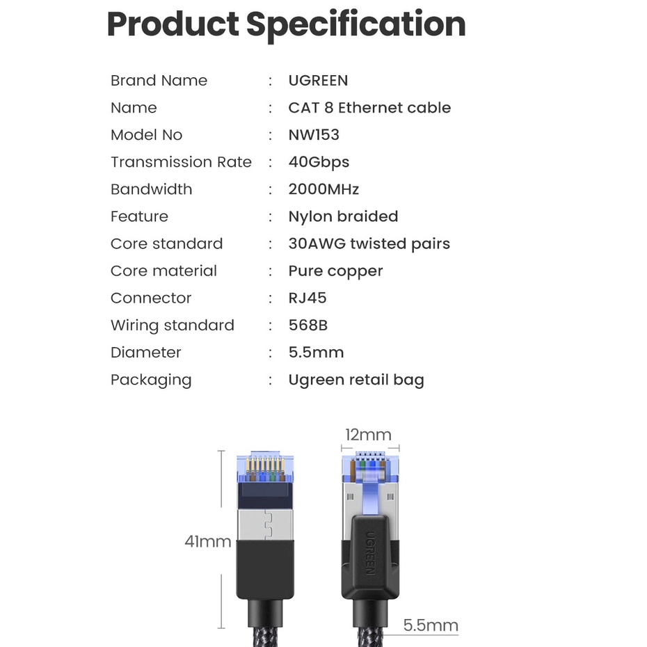 Cáp Mạng Lan CAT8 40Gpbs 2000Mhz Cao Cấp Ugreen NW153 - Hàng Chính Hãng - Bảo Hành 18 Tháng Đổi Mới