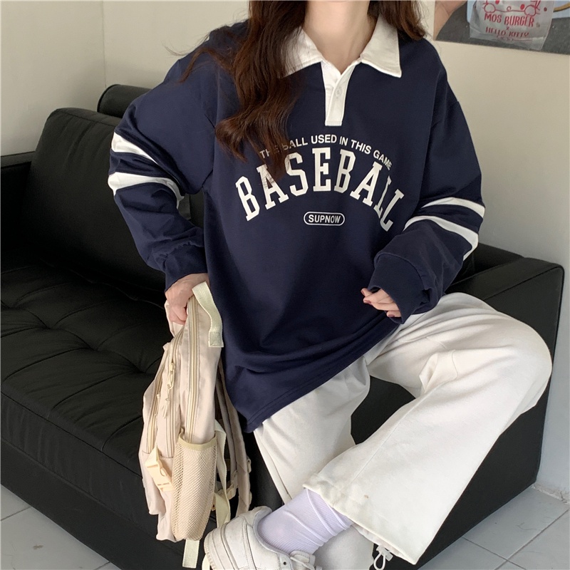 Áo Thun Polo Tay Dài In Chữ Màu Sắc Tương Phản Thời Trang Mùa Thu Cho Nữ