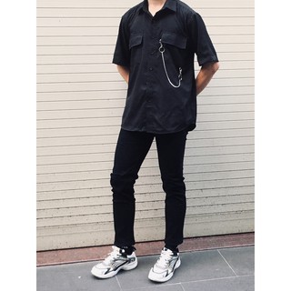 Áo sơ mi đen tay ngắn có chain Fox unisex