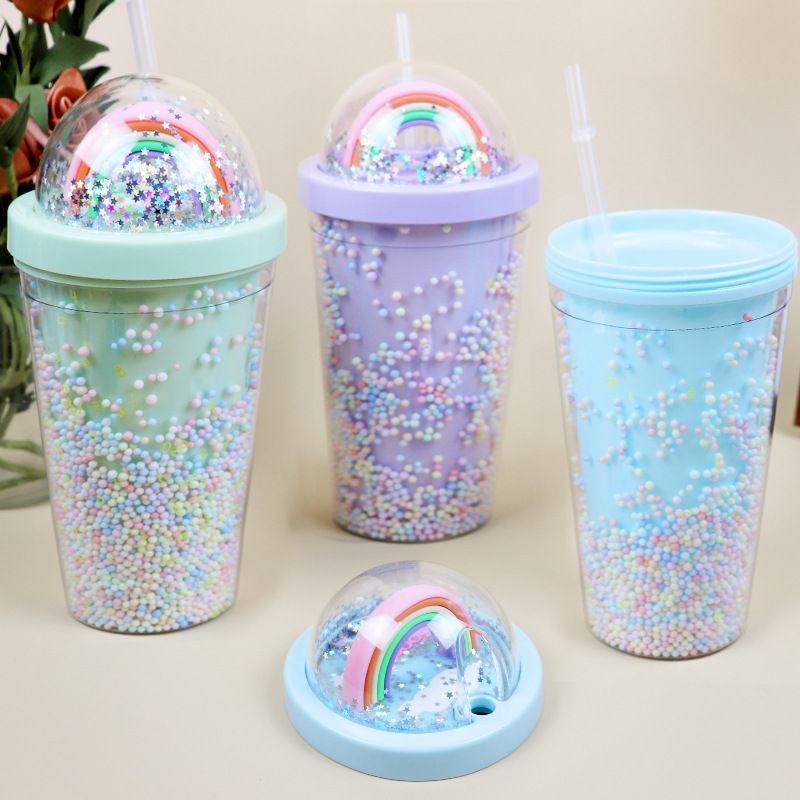LY NƯỚC CẦU VÒNG HAI LỚP NHỰA GIỮ NHIỆT CÓ ỐNG HÚT VÀ BÔNG TUYẾT MÀU RAINBOW