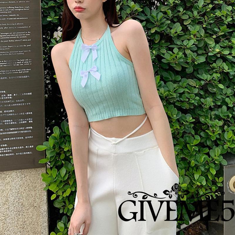 Áo dệt kim cổ yếm hở lưng thắt nơ thời trang mùa hè cho nữ