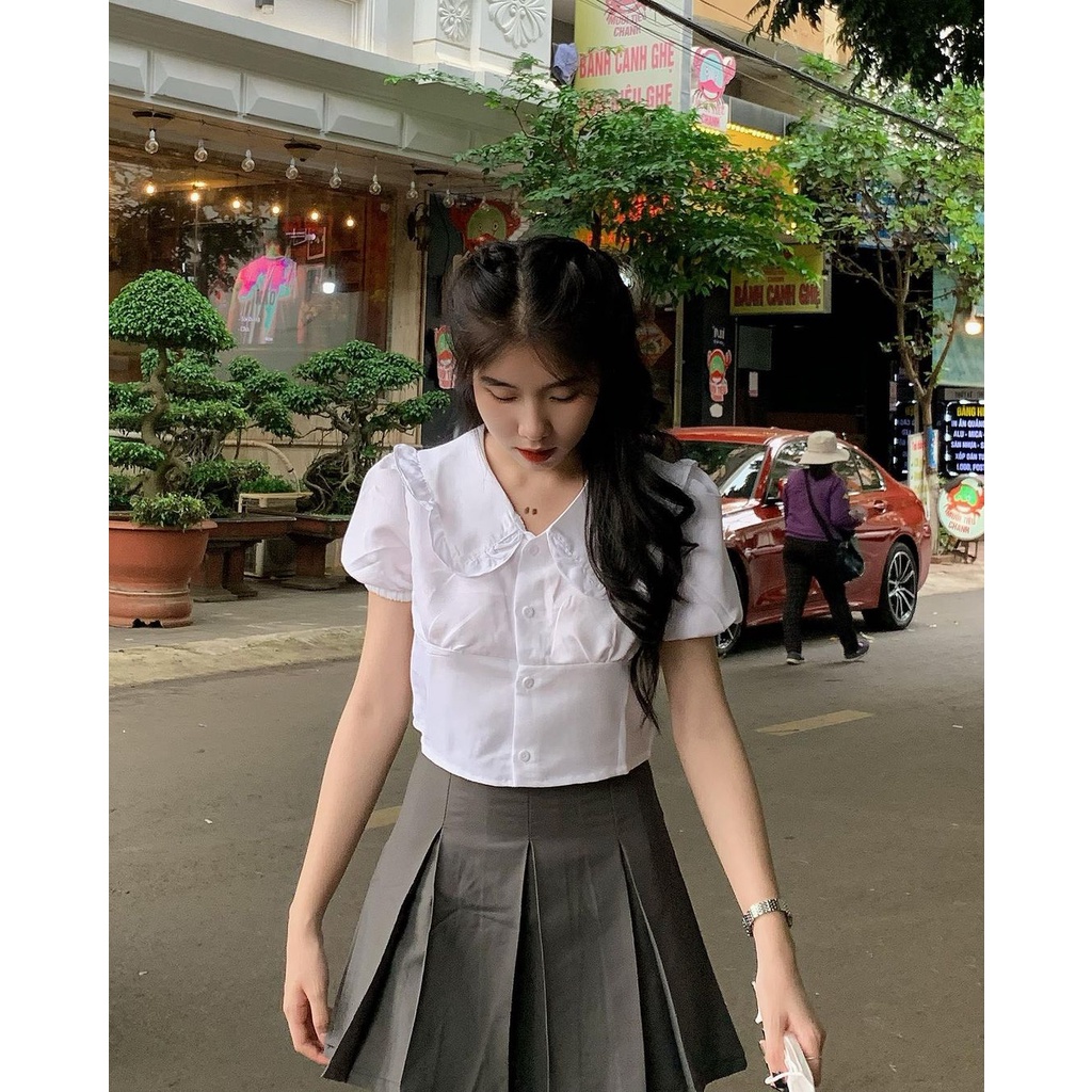 Set áo croptop + chân váy tennis xám