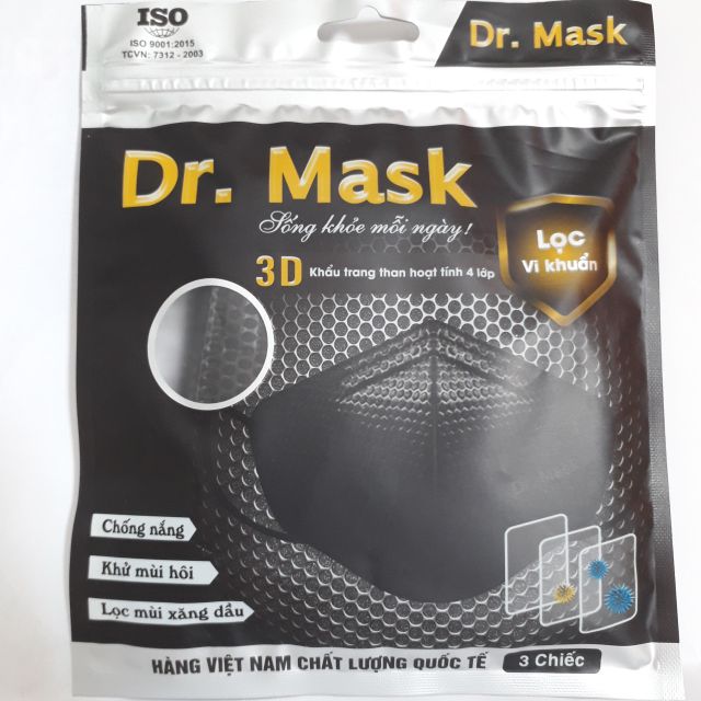 (CÓ SẴN) Gói 3 khẩu trang than hoạt tính 3d 4 lớp Dr Mask - y tế dùng nhiều lần màu đen/ xámngăn khói bụi