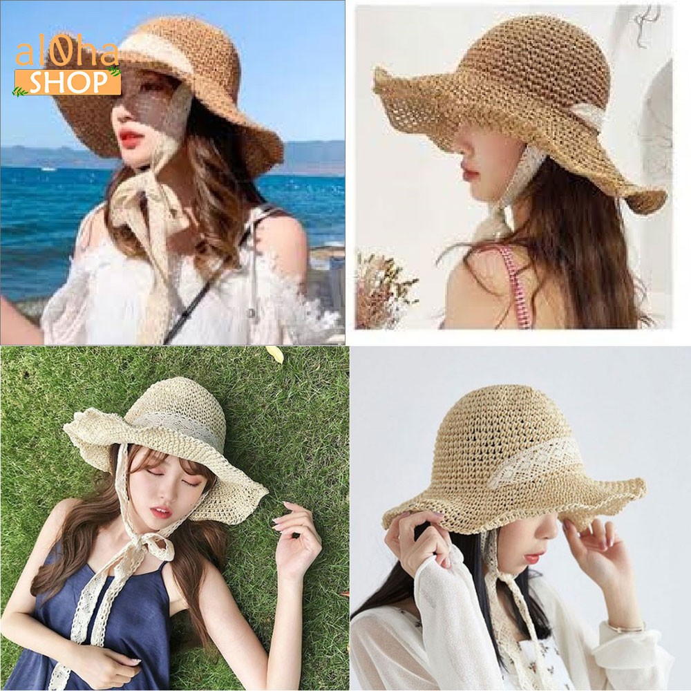 Mũ cói mềm dây ren buộc cổ - nón cói vành to chống nắng, đi biển phong cách