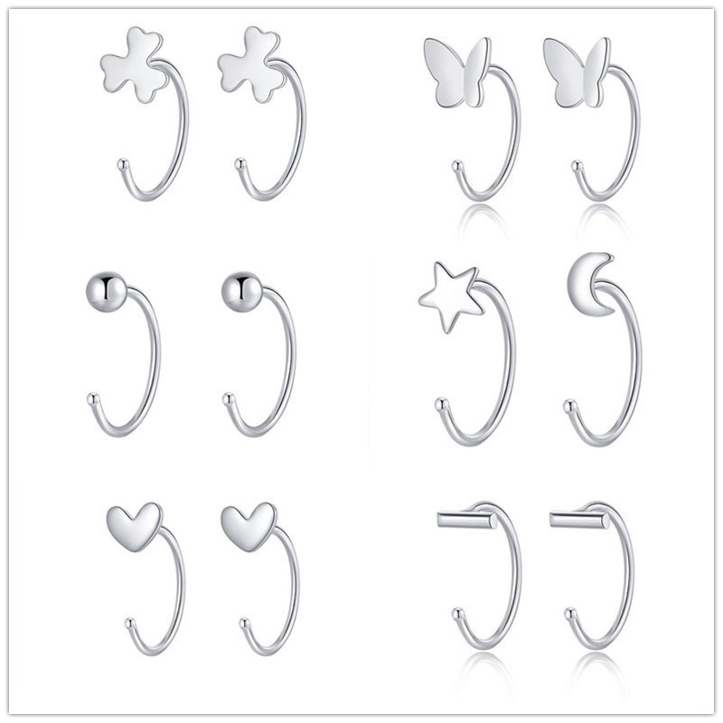 Set 6 cặp khuyên tai bằng thép không gỉ họa tiết bướm/ mặt trăng/ ngôi sao