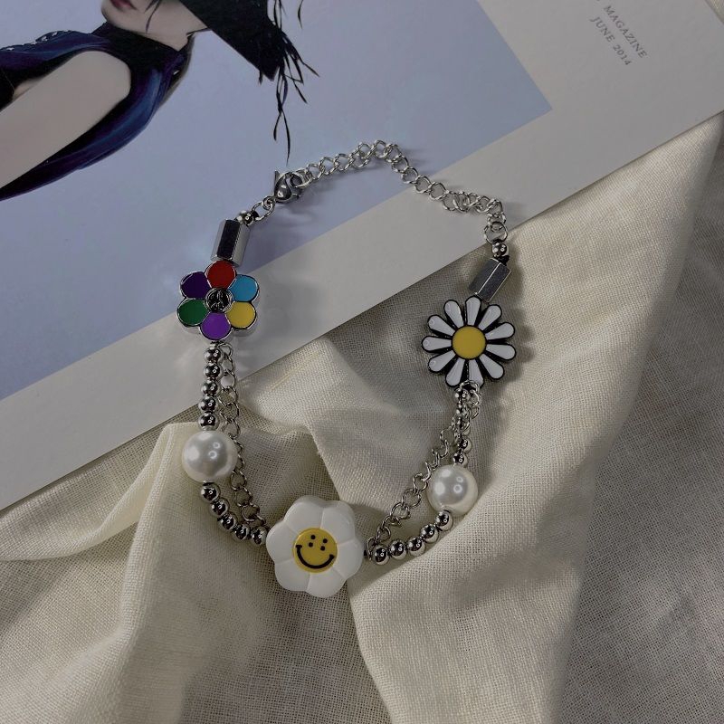 Vòng Tay Kim Loại Phối Hạt Và Mặt Hoa Thời Trang Phong Cách Hip Hop