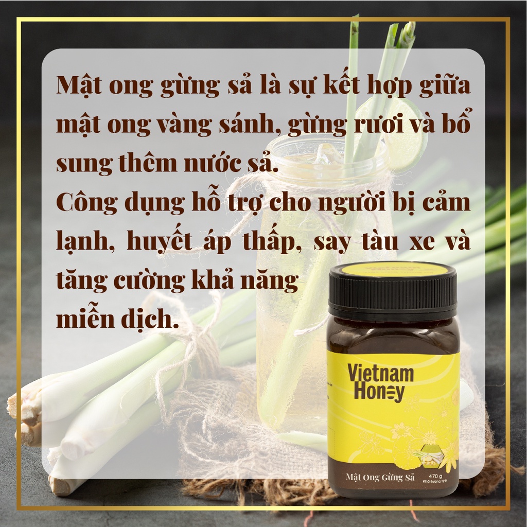 Bộ đôi mật ong Bạc Hà &amp; Gừng sả Vietnamhoney Beera thức uống bổ dưỡng, bảo vệ vòm họng(2 lọ x 470g)