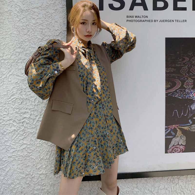 Set váy hoa nhí dài tay kèm khoác vest hàng QC