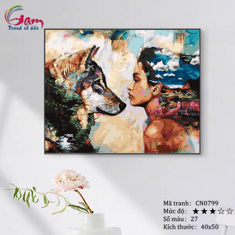 Tranh sơn dầu tự tô màu cô gái và chó sói Gam mã CN0799