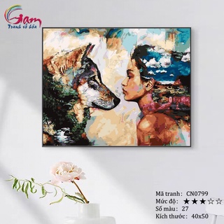 Tranh sơn dầu tự tô màu cô gái và chó sói Gam mã CN0799