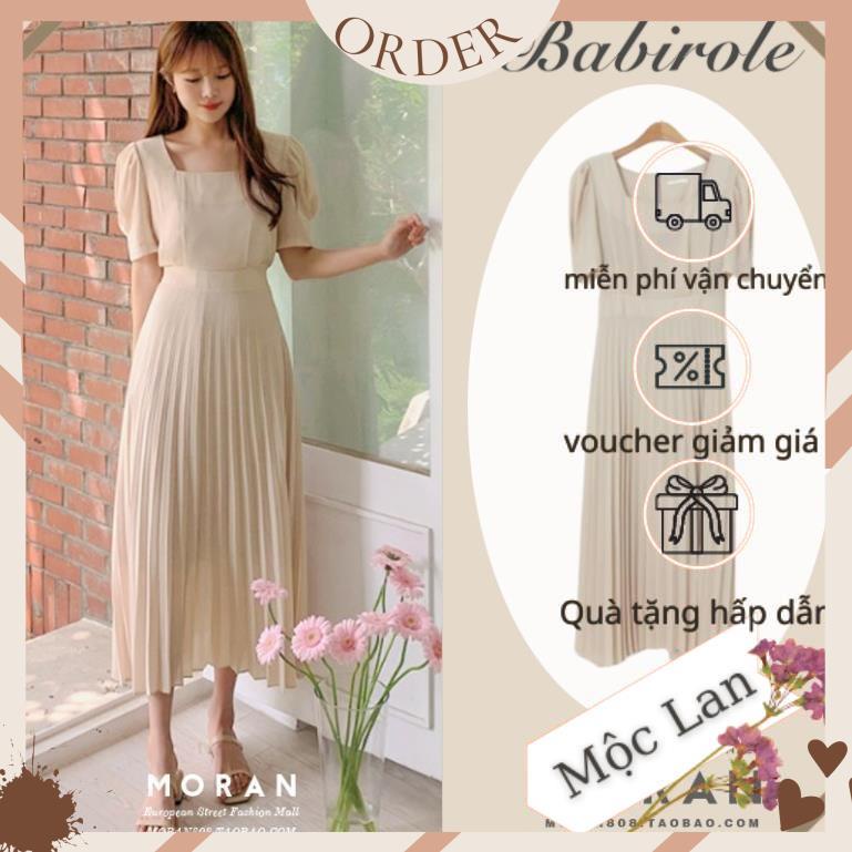 (MộcLan ORDER) VÁY cổ vuông tay phồng thắt nơ eo xòe dài xếp ly dành cho nữ -hàng chuẩn không phai hàng xưởng may lại
