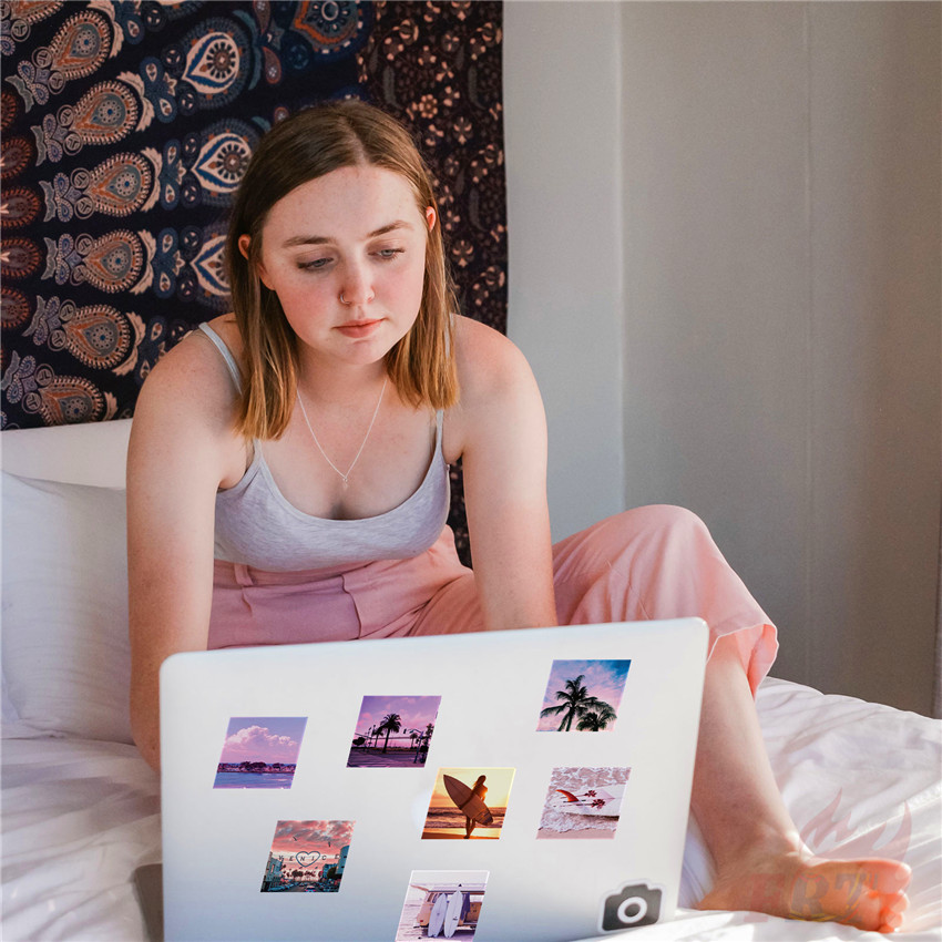 Bộ 60 miếng dán trang trí chủ đề phong cảnh biển California màu hồng xinh xắn