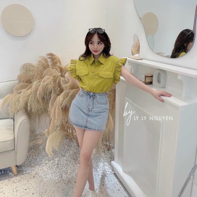 Áo sơ mi cộc tay bèo cánh tiên hotrend 2020 A606 Nội y xanh chất siêu mát, co dãn, mầu đen trắng