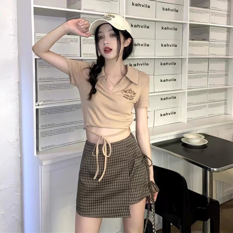 AMOI Bộ Áo Polo Ngắn Tay + Chân Váy Ca Rô Xinh Xắn Theo Phong Cách 2022 Dành Cho Nữ