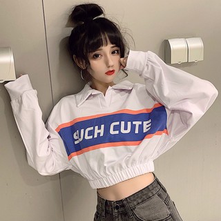 Áo croptop tay dài có cổ áo polo ôm eo SUCH CUTE ulzzang màu trắng
