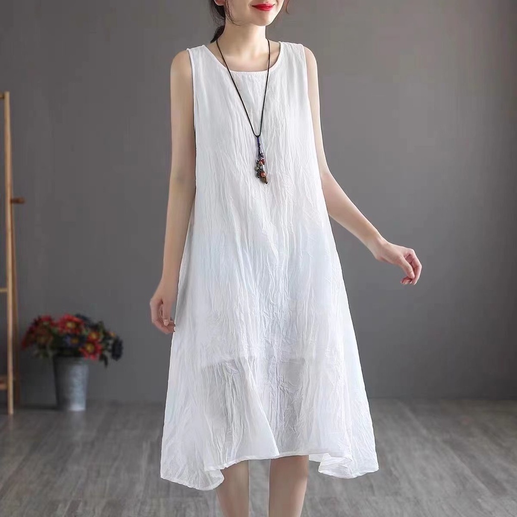 Đầm Dài Không Tay Chất Liệu Cotton Lanh Dáng Rộng Thời Trang Mùa Hè Dành Cho Nữ