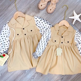 ĐẦM KAKI PHỐI TAY CHẤM BI CHO BÉ GÁI