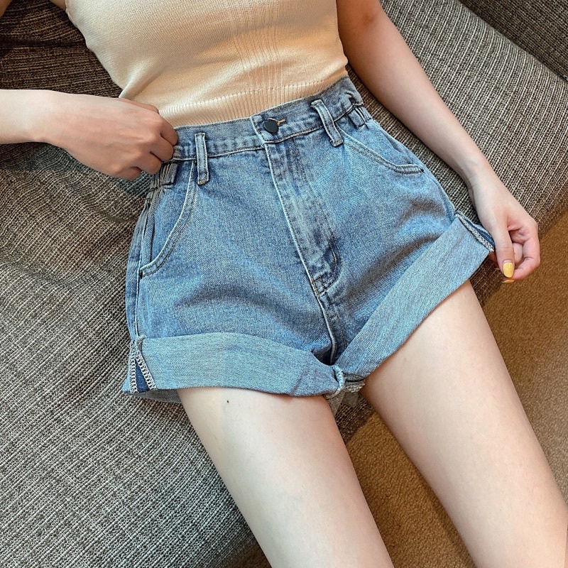 Quần đùi jean nữ gấp lai lưng cao thoải mái phong cách hàn