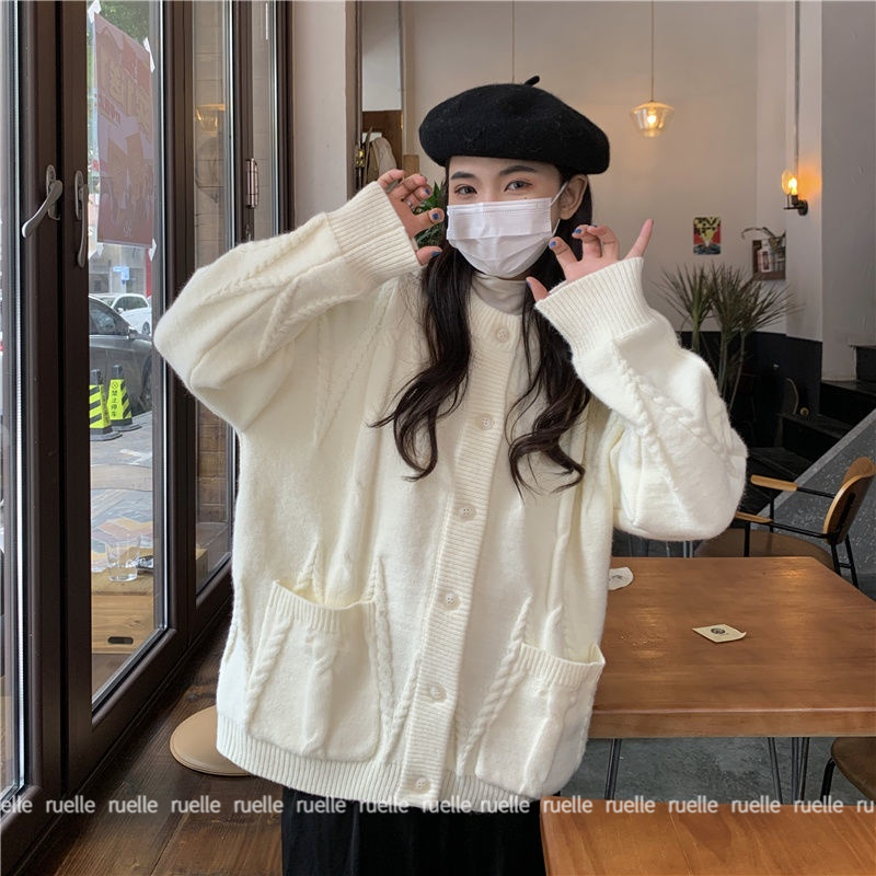 Áo Khoác Cardigan Dệt Kim Dáng Rộng Dày Dặn Ấm Áp Thời Trang Cho Nữ