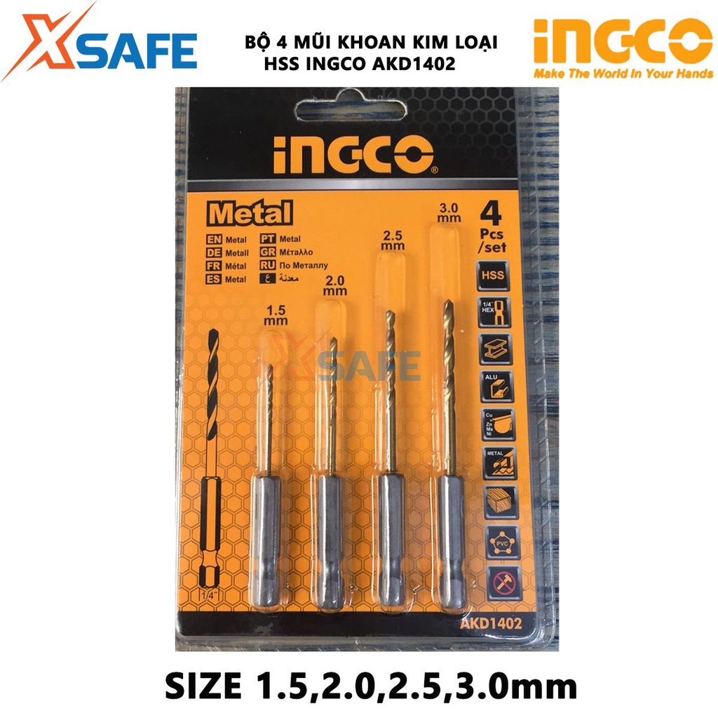 Bộ 4 mũi khoan kim loại HSS INGCO AKD1402 đuôi lục giác 1/4 inch, thép M2 HSS chất lượng, làm bóng mũi bằng Tianium