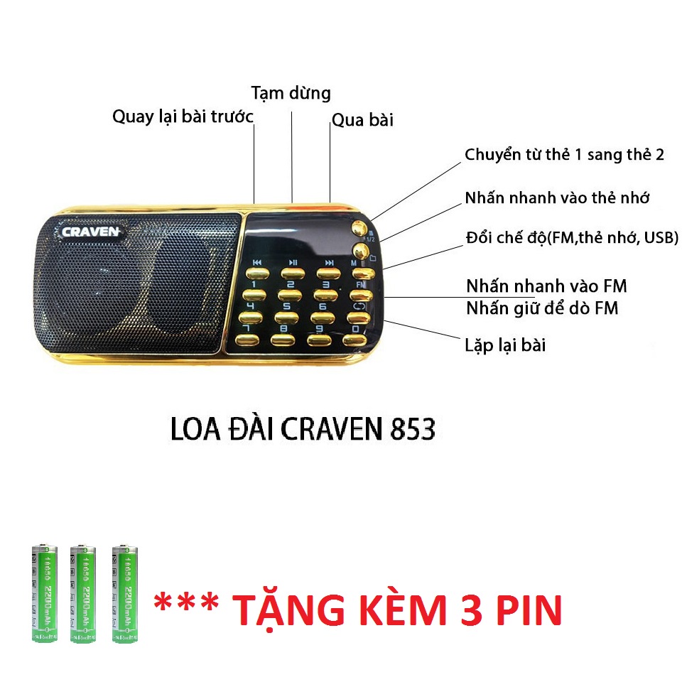 Loa Craven CR-853, 3 pin, Chuyên Tiếng Anh cho bé, Kinh phật, Nhạc Vàng ,  FM - Chính hãng