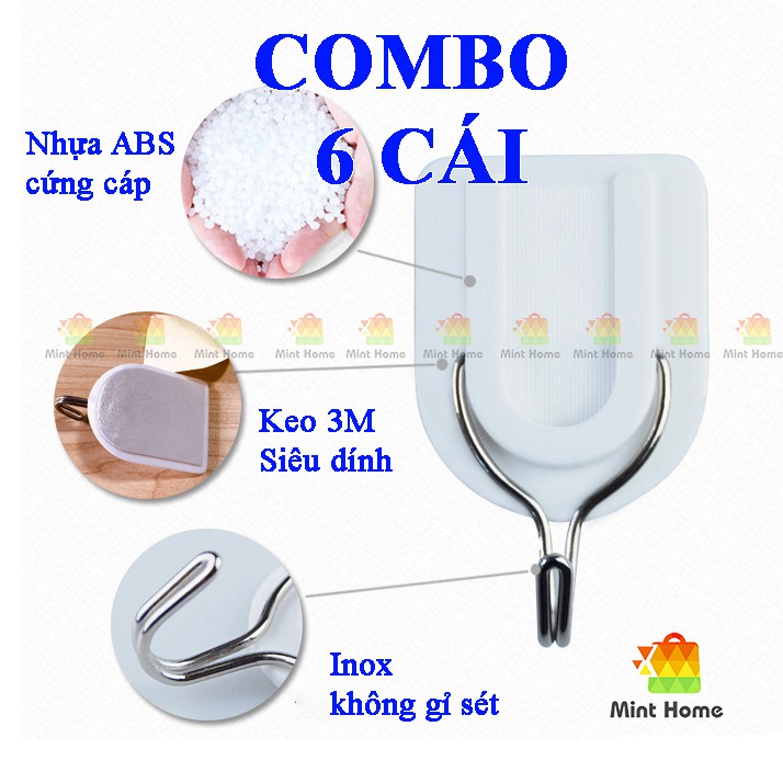 Combo 6 móc dán tường siêu dính chịu lực siêu chắc bền treo đồ, quần áo, treo tường nhà tắm nhà bếp inox 304 đa năng