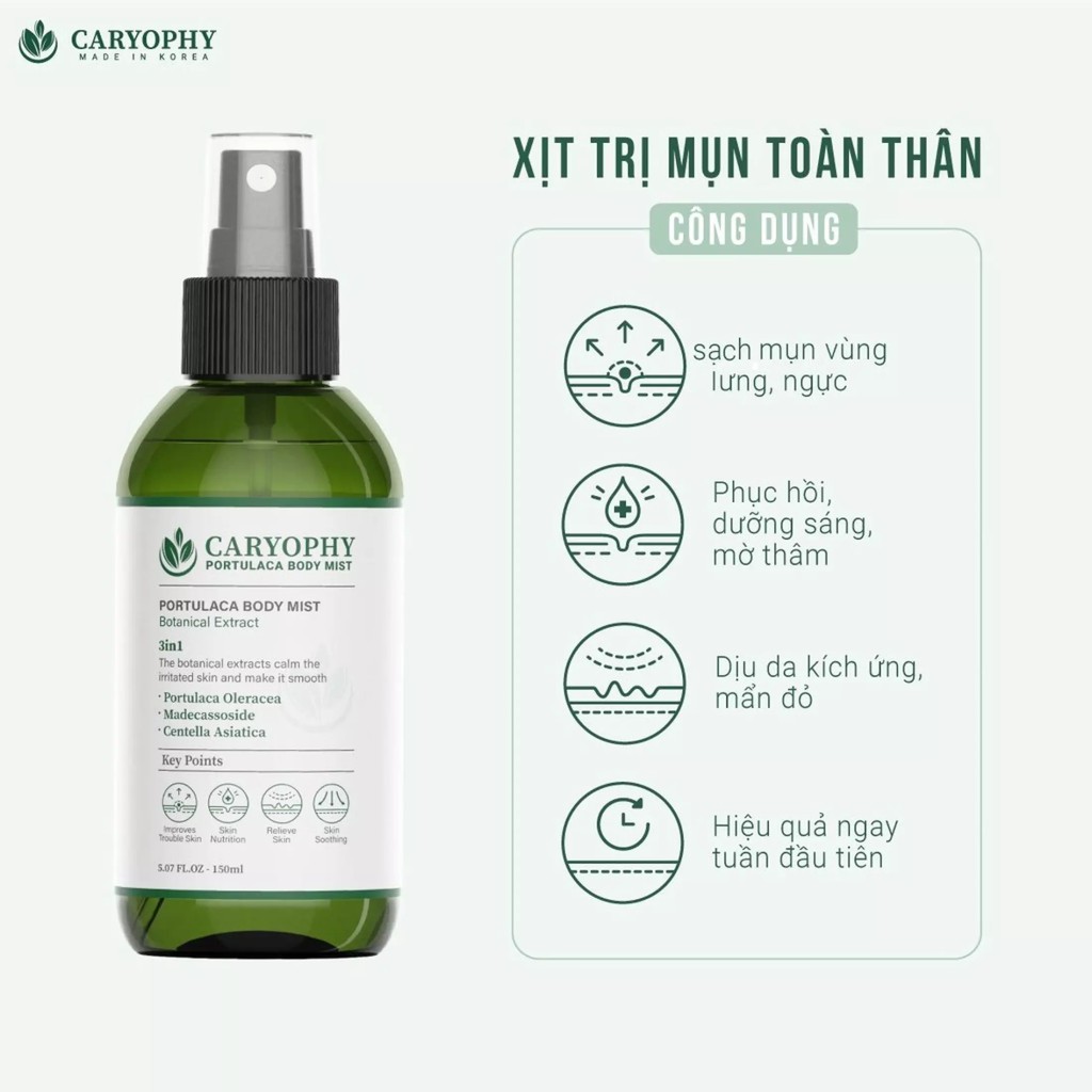 Combo Xịt Ngừa Mụn Lưng Và Toàn Thân Caryophy Portulaca  Body Mist 150ml + Serum Ngừa Mụn Caryophy Fullsize 10ml