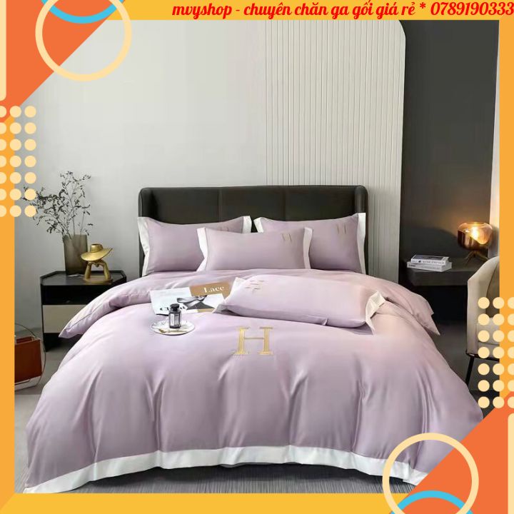 Bộ chăn ga gối lụa thêu chữ H, sét 4 món vỏ chăn ga và vỏ gối hàng nhập cao cấp