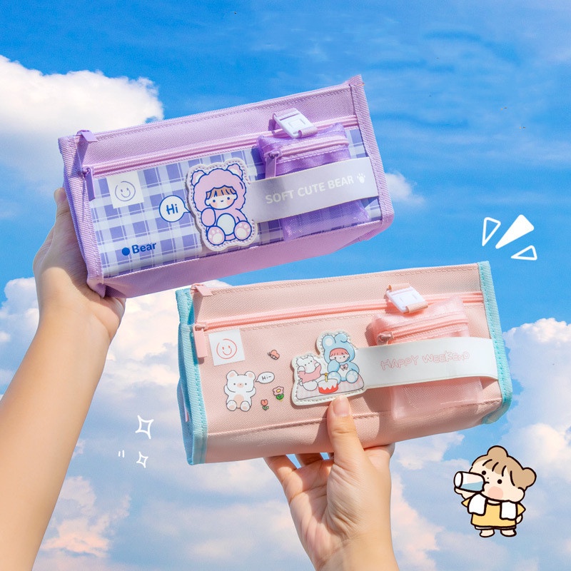 Túi Đựng Bút Hai Lớp Sức Chứa Lớn Họa Tiết Hoạt Hình Dễ Thương Chống Thấm Nước