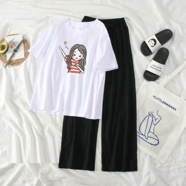 Sét Bộ Đồ Quần Áo Thời Trang Nữ Xinh Cute Mặc Đi Chơi Dạo Phố, Chất Liệu Áo Cotton Trắng Organic Ngắn Tay