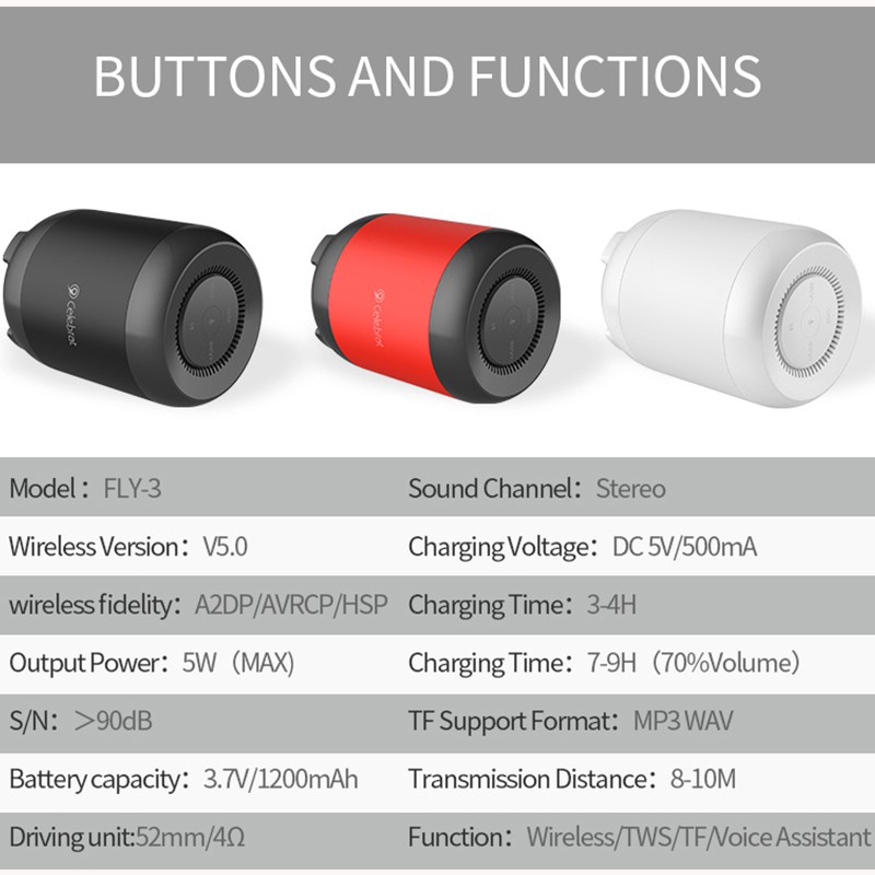 Portable Bluetooth Speaker Nhỏ gọn và di động, Độ bền pin dài, Loa Bluetooth di động Celebrat FLY-3