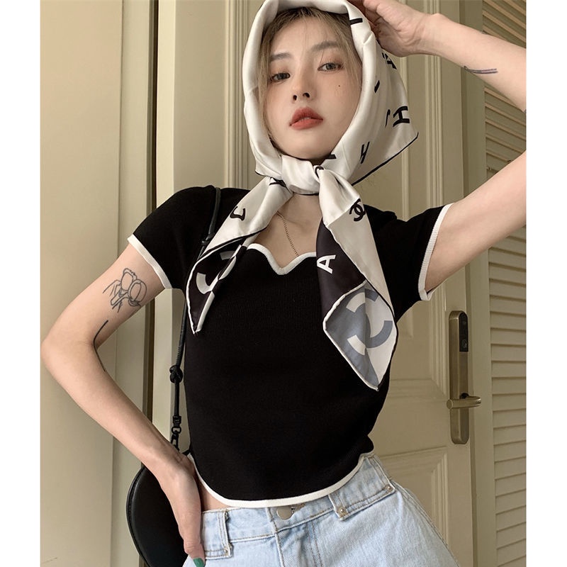 COZOK Áo Thun Dệt Kim Tay Ngắn Dáng Ôm Cổ Vuông Thời Trang