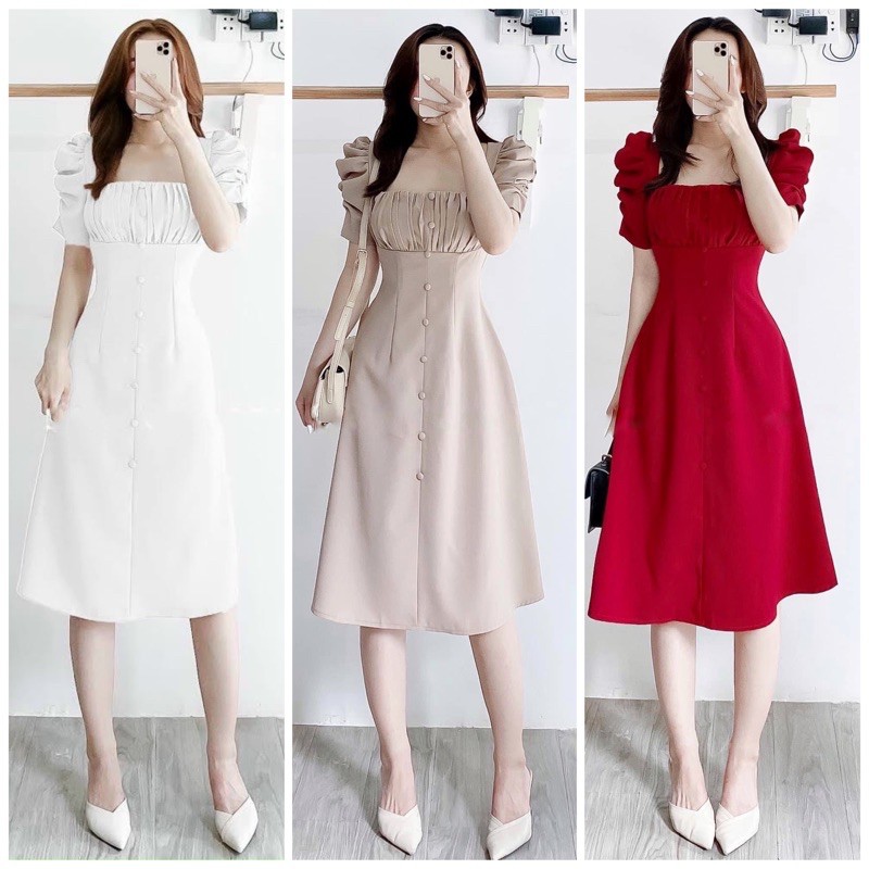 Đầm cổ vuông tay bồng xếp li ngực nút bọc