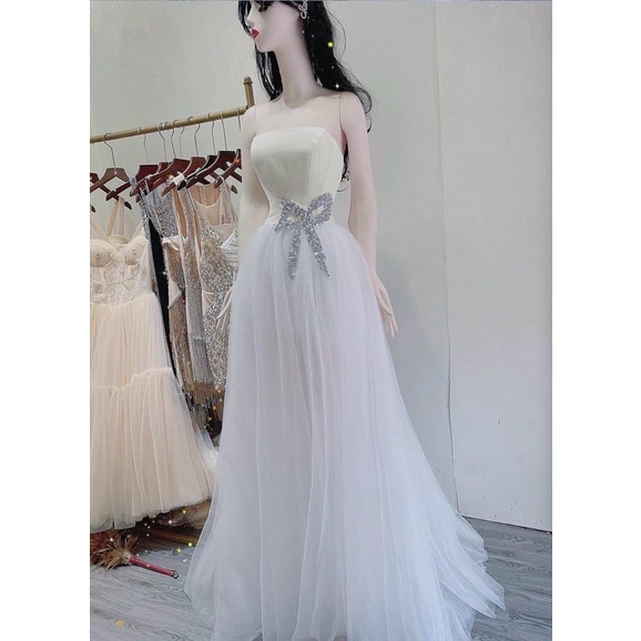 ĐẦM CƯỚI ĐI BÀN  CÚP NGỰC NHUNG XẺ ĐÙI KẾT NƠ ĐÁ full size S/M/L/XL