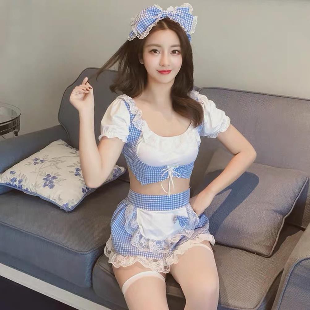 Đồ ngủ sexy bộ đồ cosplay hầu gái xanh kẻ caro tạp dề gợi cảm 4019 | BigBuy360 - bigbuy360.vn