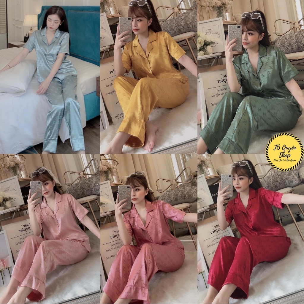 Bộ Ngủ Lụa Satin Đồ Bộ Pijama Lụa Cộc Tay Quần Dài Cha.nel Thêu BN10.2 NoBrandSilk