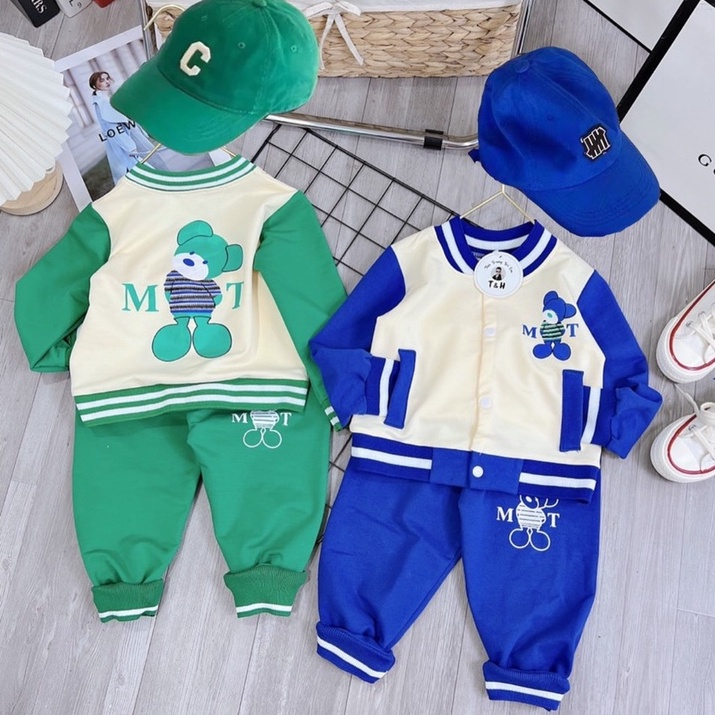 Đồ bộ bé gái, Set gấu M-T 3 chi tiết  Áo Sweater + Quần dài + Mũ lưỡi trai chất nỉ da cá cho bé từ 7-18 kg, SUN KID'S