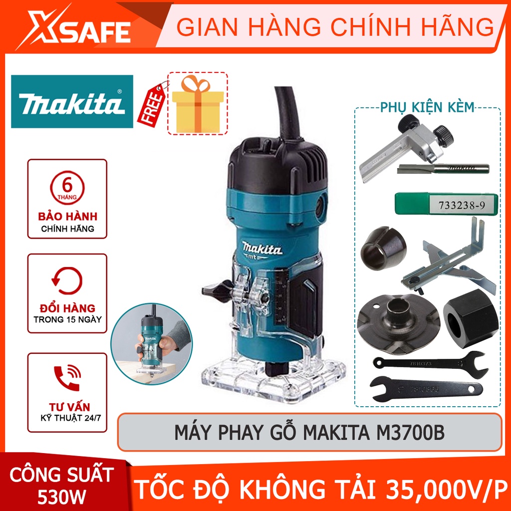 Máy phay gỗ cầm tay Makita M3700B 530W  Máy soi gỗ chấu bóp 1/4 inch, lõi motor dây đồng, tốc độ không tải 35,000v/p